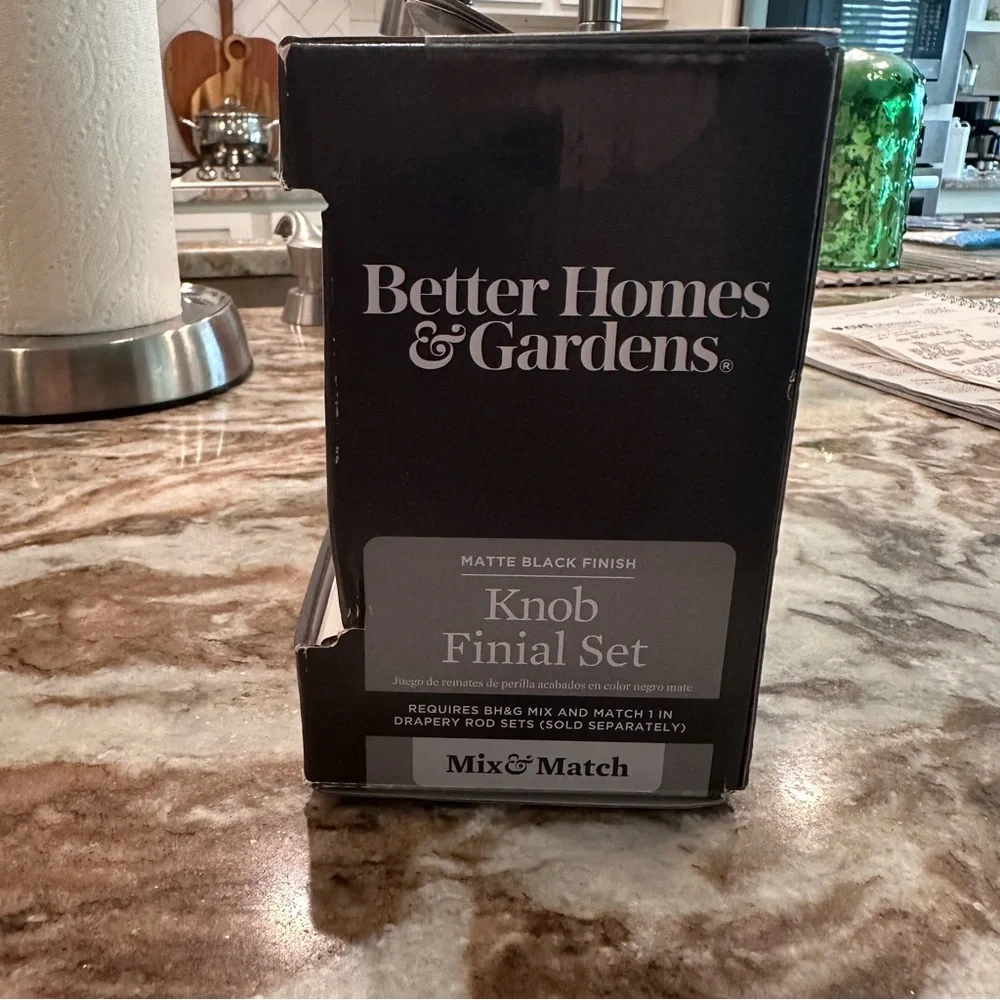 Better Homes & Gardens Knob Finial Set for Curtain Rod Matte Black Finish